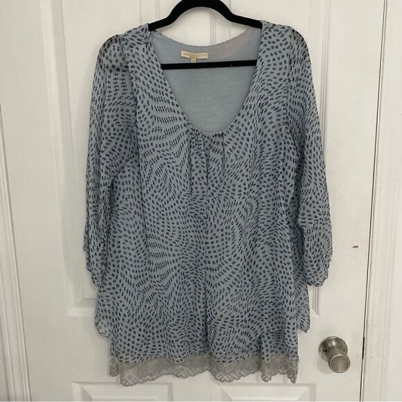Prontomoda Giusy Tops - Prontomoda Giusy Italian Silk Tunic Blouse Blue Print Lace Hem Women’s‎ Medium